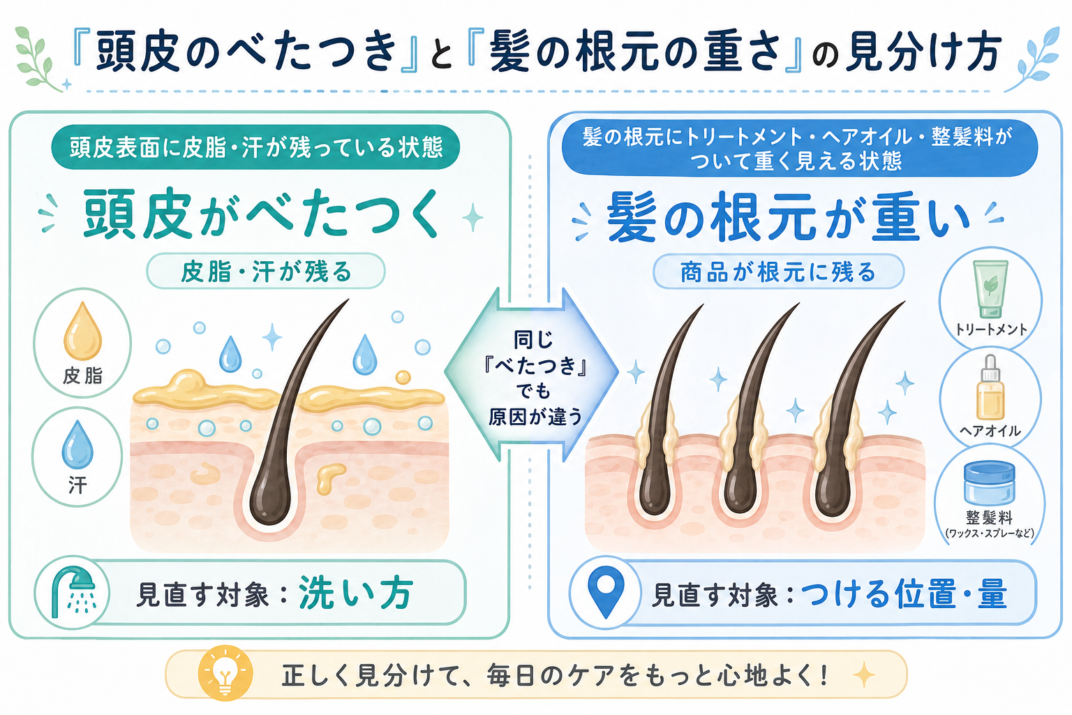 頭皮のベタつきとヘアケア商品が髪の根元に残った重さの違いを示す図