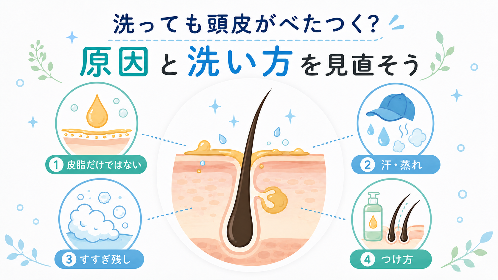 毎日洗っても頭皮がべたつくのはなぜ？原因と正しい洗い方を解説のアイキャッチ